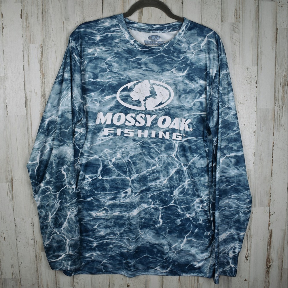 Mossy Oak Fishing Shirt Men L Blue Elements Auga Water Long Sleeve Outdoor Tee